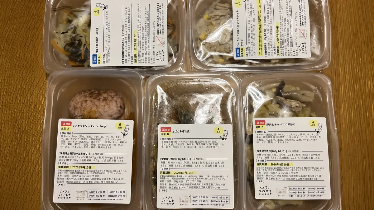 届いた主菜2品と副菜3品